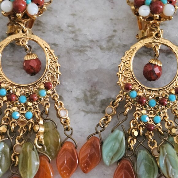 RARE JOSE MARIA BARRERA FALL LEAF STONE CRYSTAL DROP DANGLE CHANDELIER EARRINGS - Picture 7 of 11